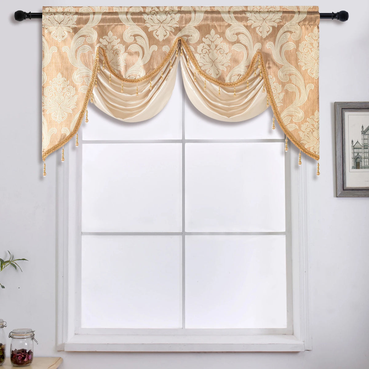 rideau fenêtre floral damassé semi transparent gris beige tissu polyester texturé glands classique 135x75cm