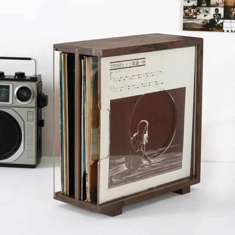 Étagère de rangement pour vinyles en noyer noir et acrylique