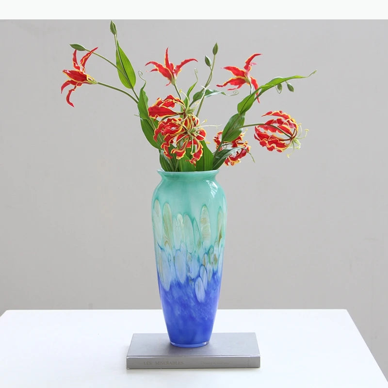 vase verre dégradé couleur bleu orange moderne décoration table arrangement fleurs artistique