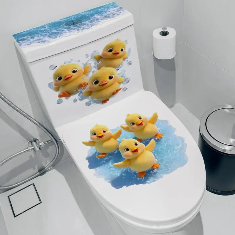 cache siège toilette adhésif oiseaux canard poussins vague eau blanc bleu marron jaune gris