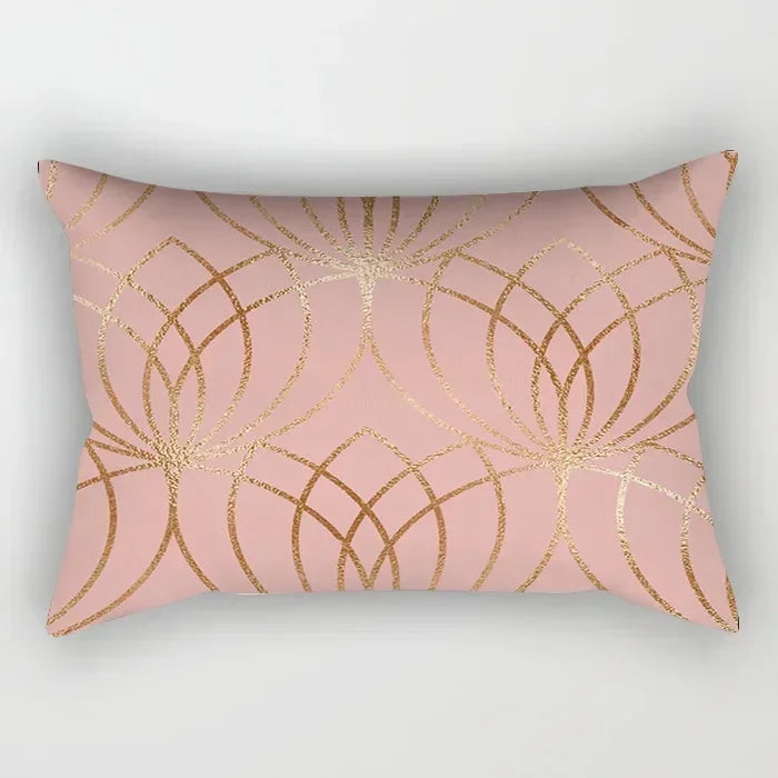 taie d'oreiller rectangulaire rose blanc doré motif géométrique moderne lit chambre décoration maison