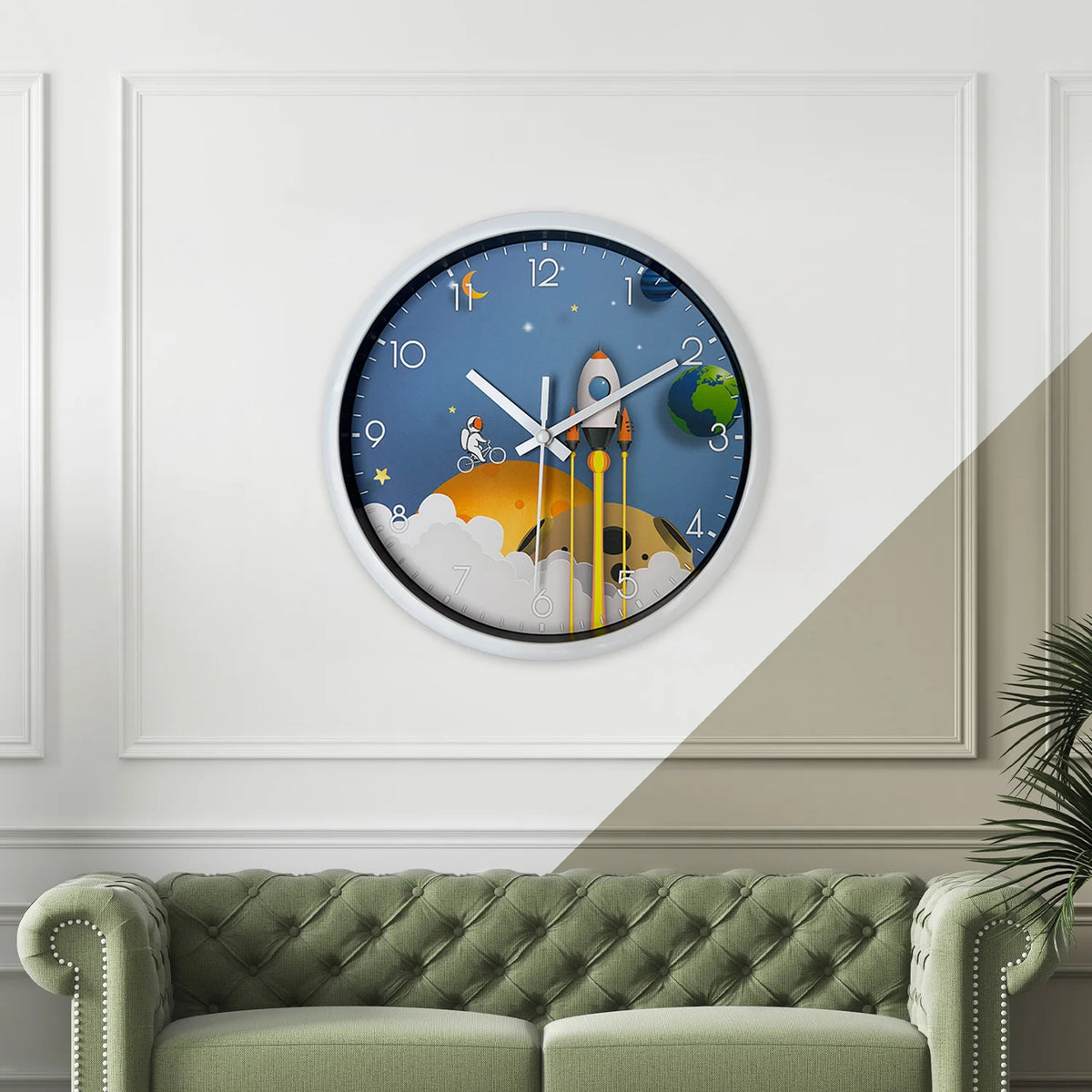 horloge murale thème spatial astronaute fusée planètes aiguilles quartz bleu orange moderne enfants chambre