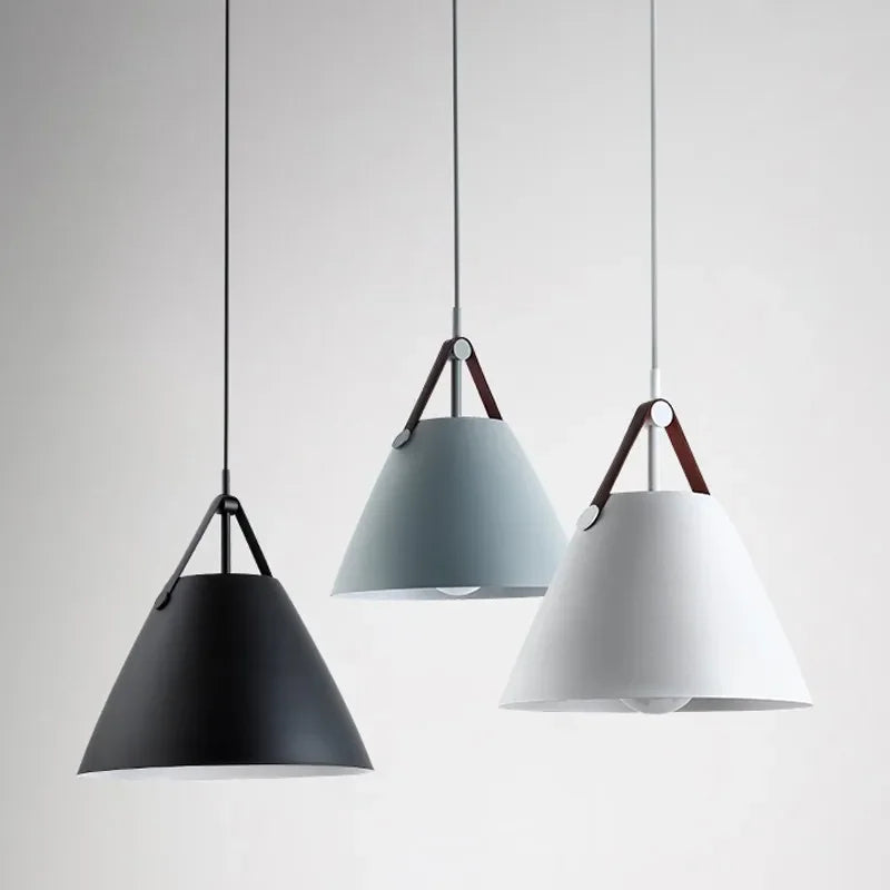 suspension lumineuse moderne conique mat noir gris rose câble cuir douille électrique