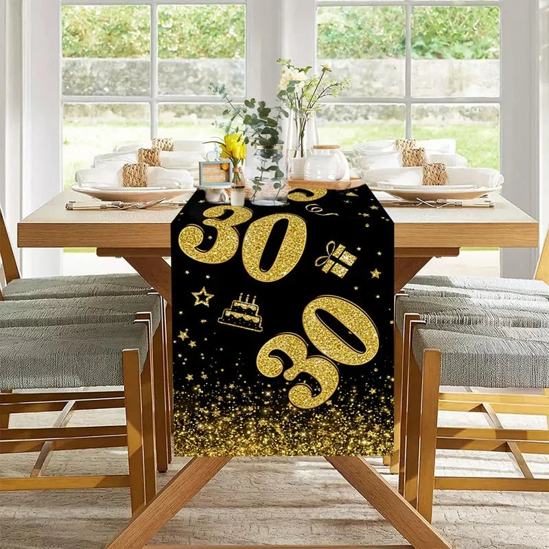 table chemin noir doré anniversaire fête confettis étoiles chiffres polyester occasionnelle thème festive