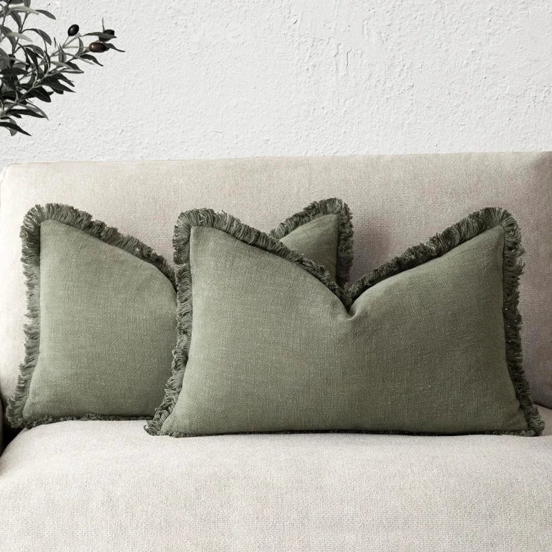 coussin coton vert olive rustique texture lin décoration intérieure lit salon canapé moderne
