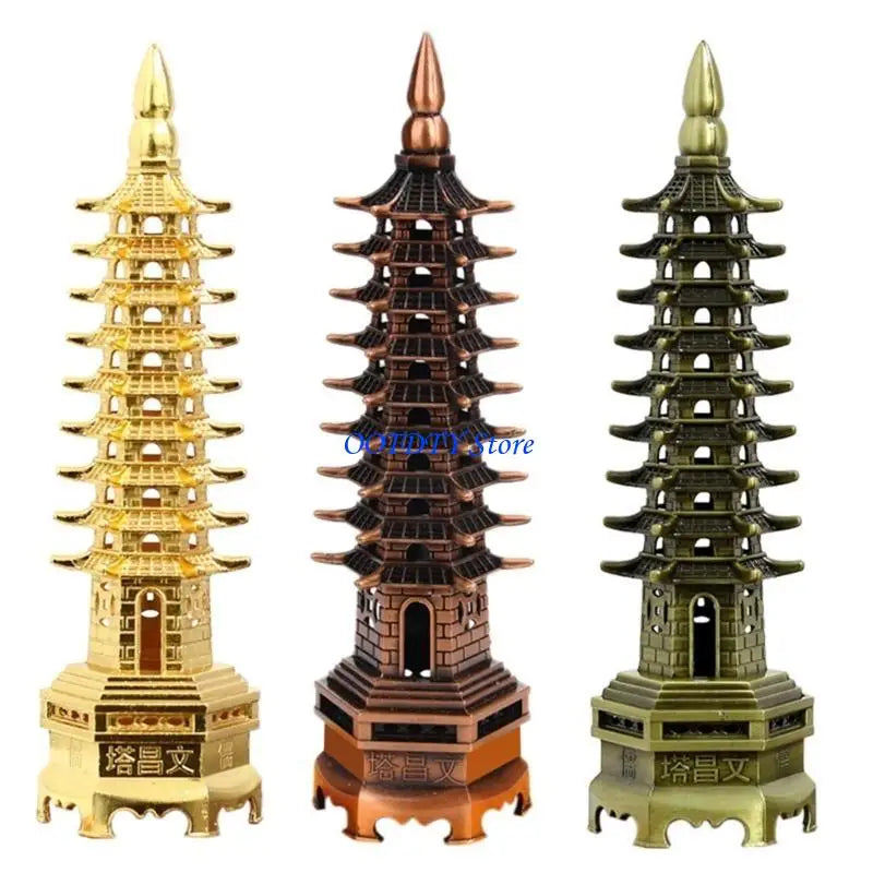 statue asiatique or pagode métal ajouré motifs architecturaux traditionnels verte bronze