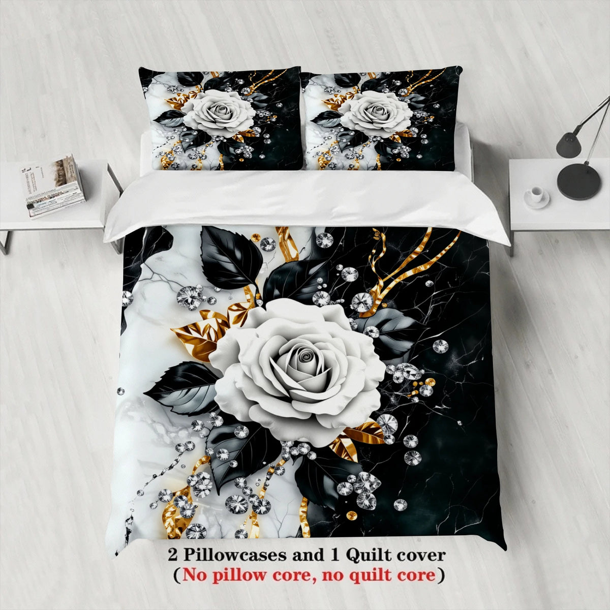 ensemble literie floral luxueux blanc noir or taies d'oreiller fermeture éclair couverture sans garniture