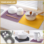 tapis silicone moderne violet jaune noir hexagonal drainage rapide cuisine vaisselle verre