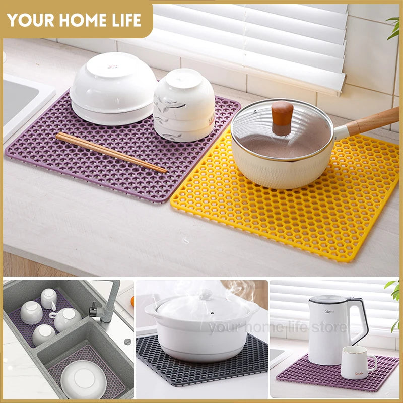 tapis silicone moderne violet jaune noir hexagonal drainage rapide cuisine vaisselle verre