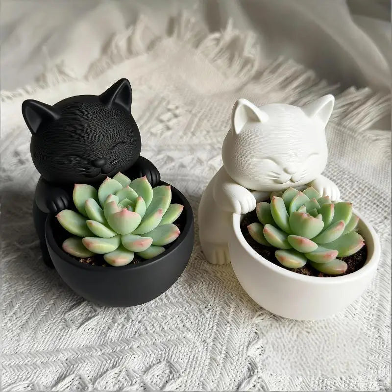 cache pot forme chat texture cuir moderne noir blanc gris drainage succulentes cactus chambre
