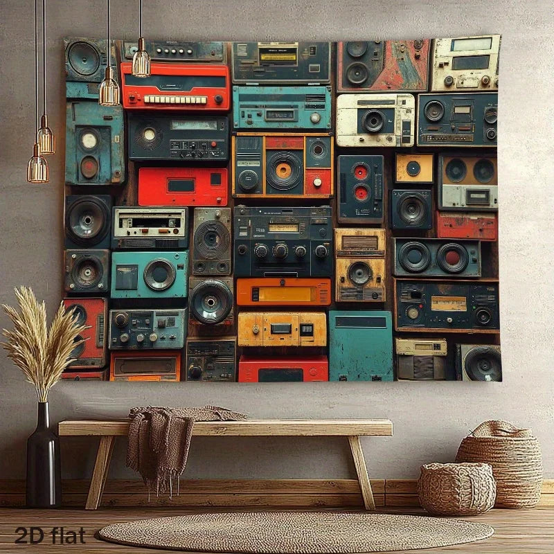 tapis mural vintage radios multicolore collage audio décor moderne chambre salon