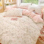 Ensemble literie fleuri rose avec drap plat et taies d'oreiller