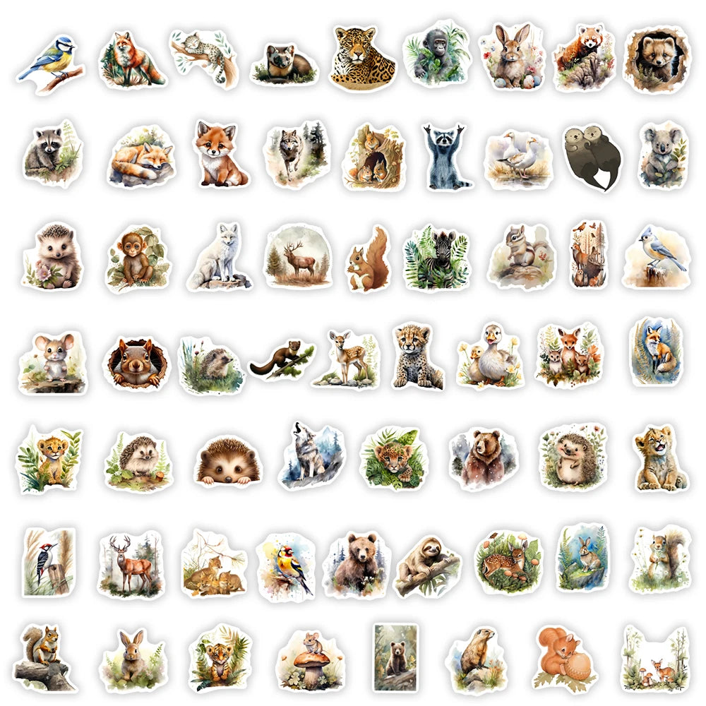 stickers animaux forêt multicolores aquarelle adhésifs imperméables usage unique pc eau carnet notes modernes