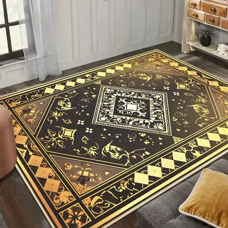 tapis géométrique noir or marron moderne salon chambre élégant motifs floraux 40x60cm
