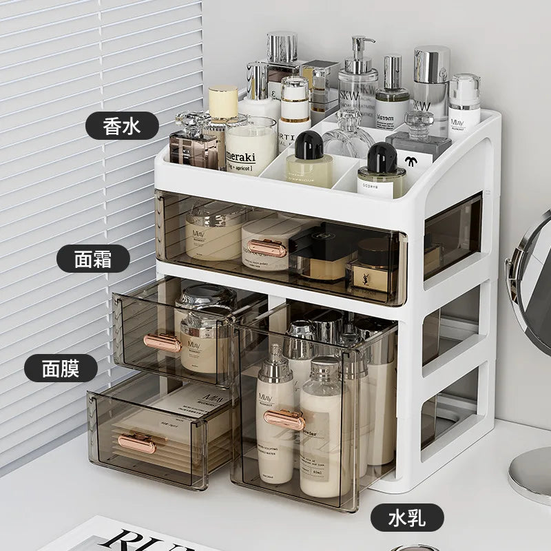 boîte rangement transparente moderne blanc marron clair poignées métalliques dorées minimaliste