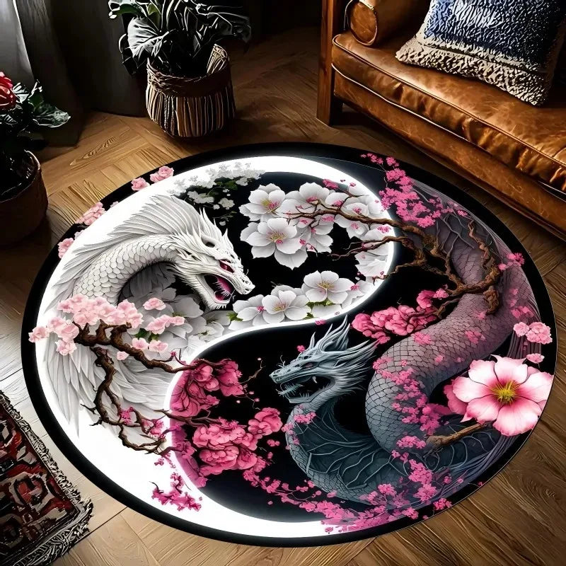 tapis rond yin yang dragons fleurs cerisier noir blanc contemporain oriental chambre salon 120x120cm
