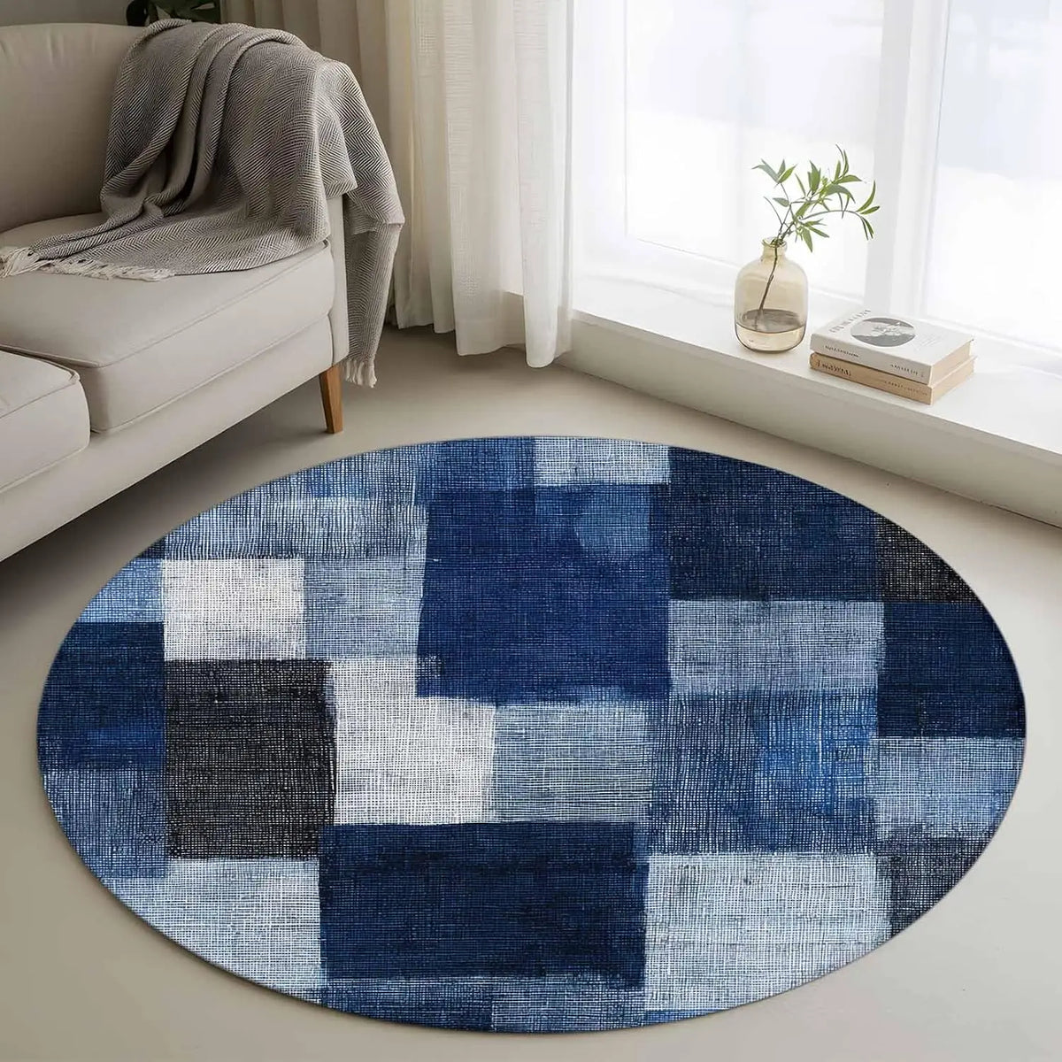 tapis rond moderne carrés géométriques antidérapant polypropylène 80cm 120cm chambre salon