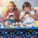 nappe fête jeu vidéo tablecloth motif gamepad anniversaire enfants graphique hexagonal bleu rouge