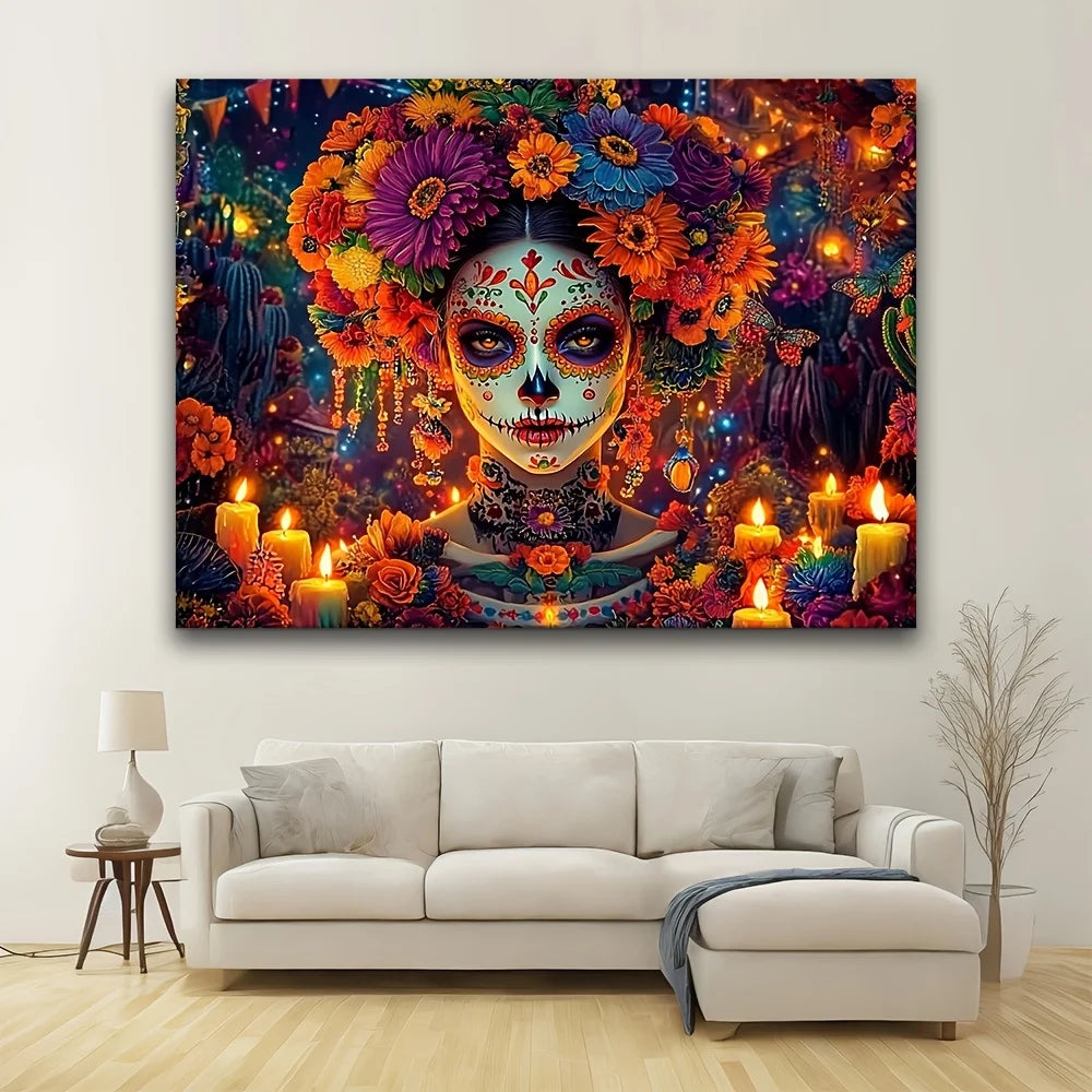 toile d'art multicolore fleurs crâne stylisé halloween décoration murale contemporaine festive rouge orange Jaune
