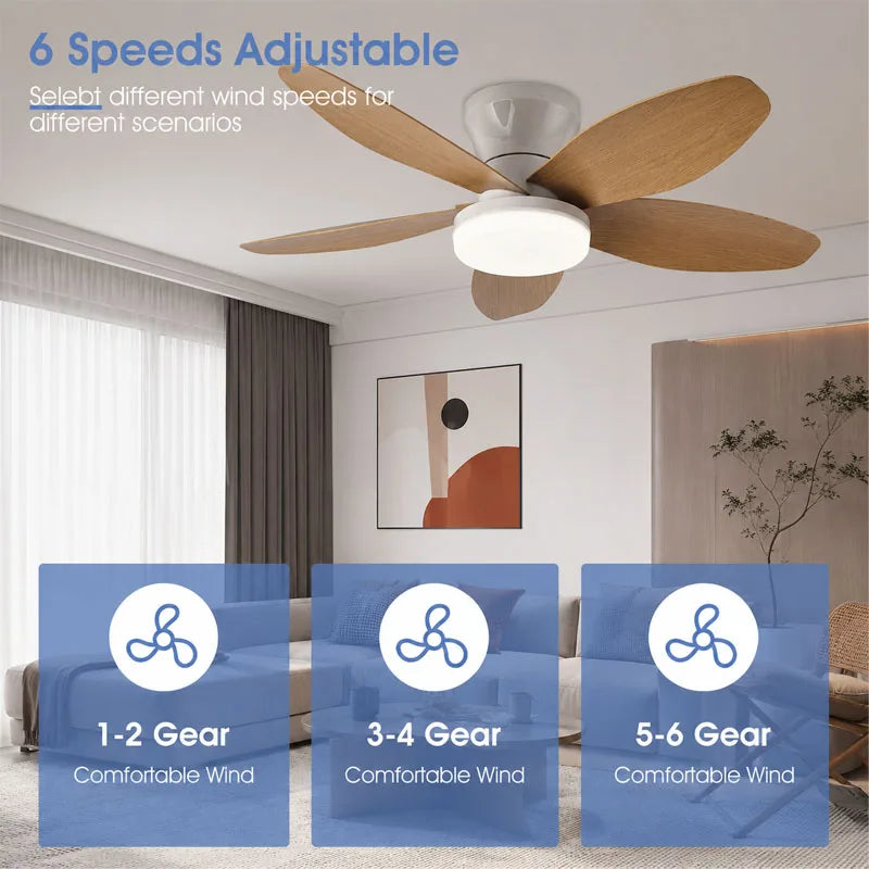 ventilateur blanc bois moderne lampe led télécommande vitesses silencieux chambre salon