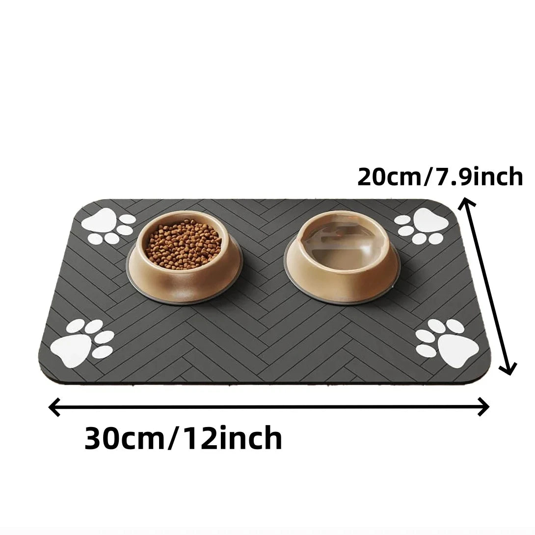 tapis nourriture chien gris rayures pattes diagonales absorbant durable deux bols alimentation