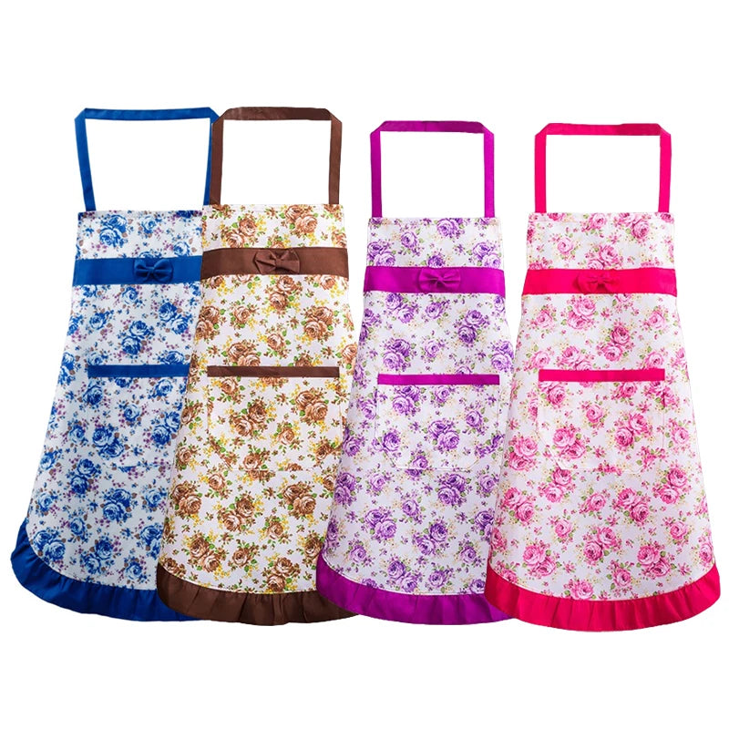 tablier fleurs roses bleues coton imperméable résistant l'huile poches épaulettes classique