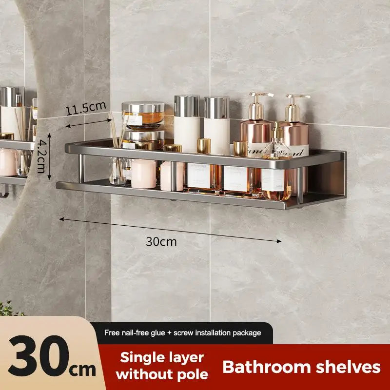 étagère salle bain acier aluminium moderne argentée rectangulaire lisse clips serviettes cosmétiques minimaliste