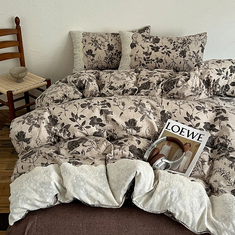 ensemble literie beige noir fleurs broderie classique romantique 100 coton polyester