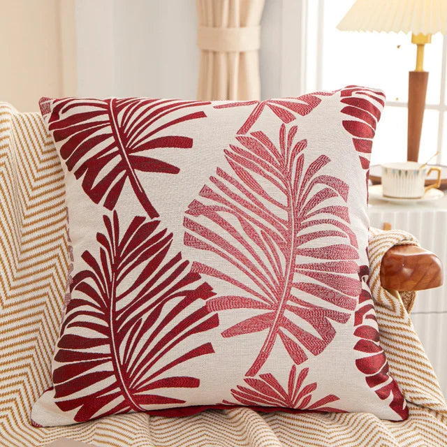 housse coussin carré feuilles palmier polyester coton moderne bleu vert gris rouge nouvelle année