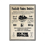 Cette image met en avant des services dentaires prétendument "indolores", avec des tarifs pour un ensemble de dents, des couronnes en or et des travaux de pontage, ainsi que des informations sur les rayons X et la garantie du travail effectué.