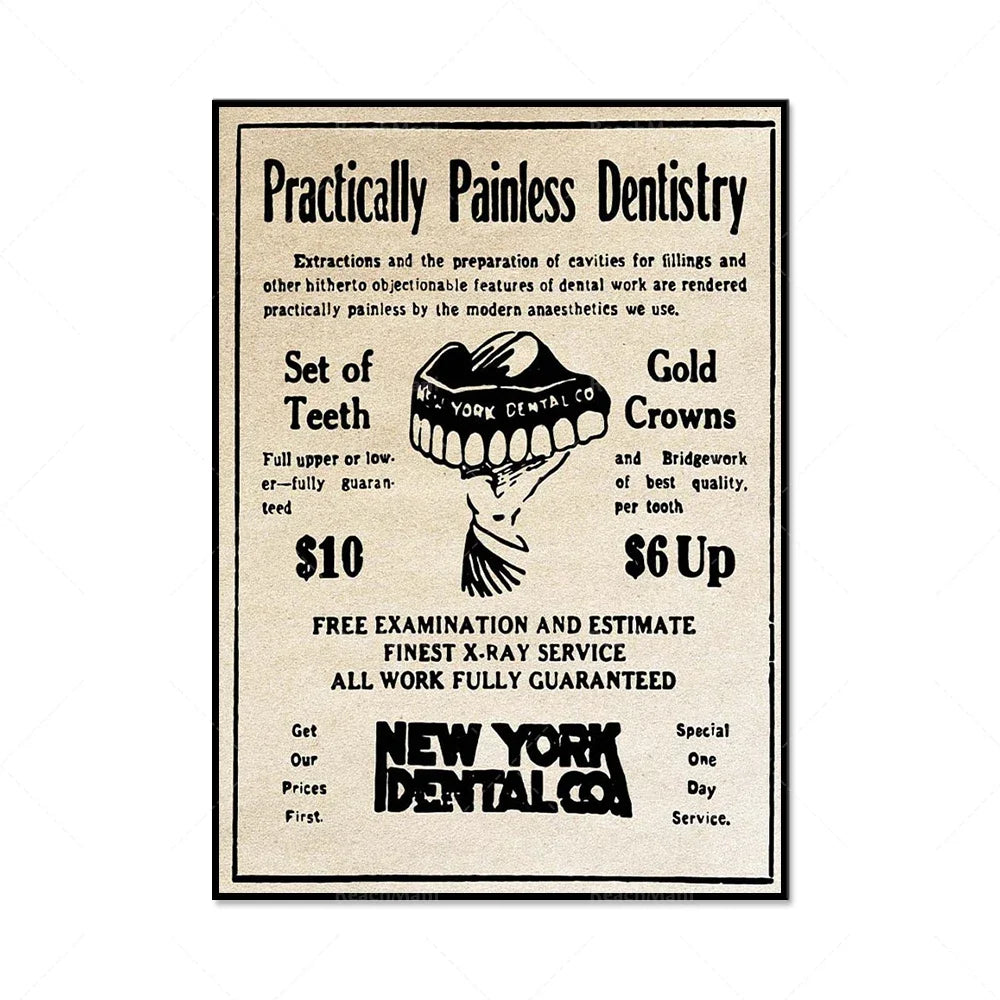Cette image met en avant des services dentaires prétendument "indolores", avec des tarifs pour un ensemble de dents, des couronnes en or et des travaux de pontage, ainsi que des informations sur les rayons X et la garantie du travail effectué.
