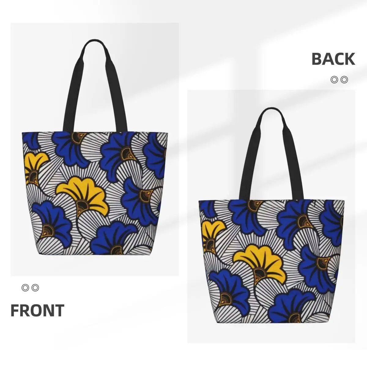 sac main femme bleu jaune blanc motif fleurs stylisées grand cabas shopping moderne