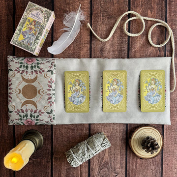 jeu cartes tarot fleurs lunes art nouveau sac rangement cordelette décoration mystique rose