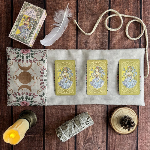 jeu cartes tarot fleurs lunes art nouveau sac rangement cordelette décoration mystique rose