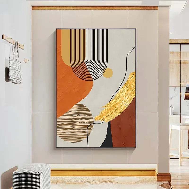 peinture abstraite contemporaine toile géométrique lignes ondulées coups pinceau dorés orange beige noir gris