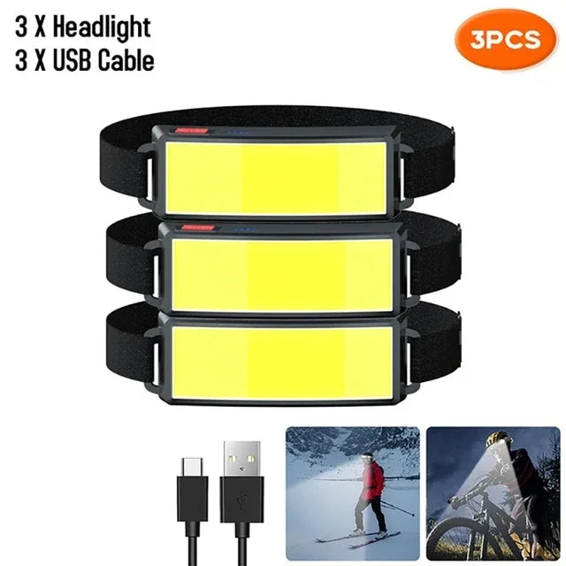 lampe frontale rechargeable led noir jaune usb camping pêche randonnée ceinture ajustable modérne pratique