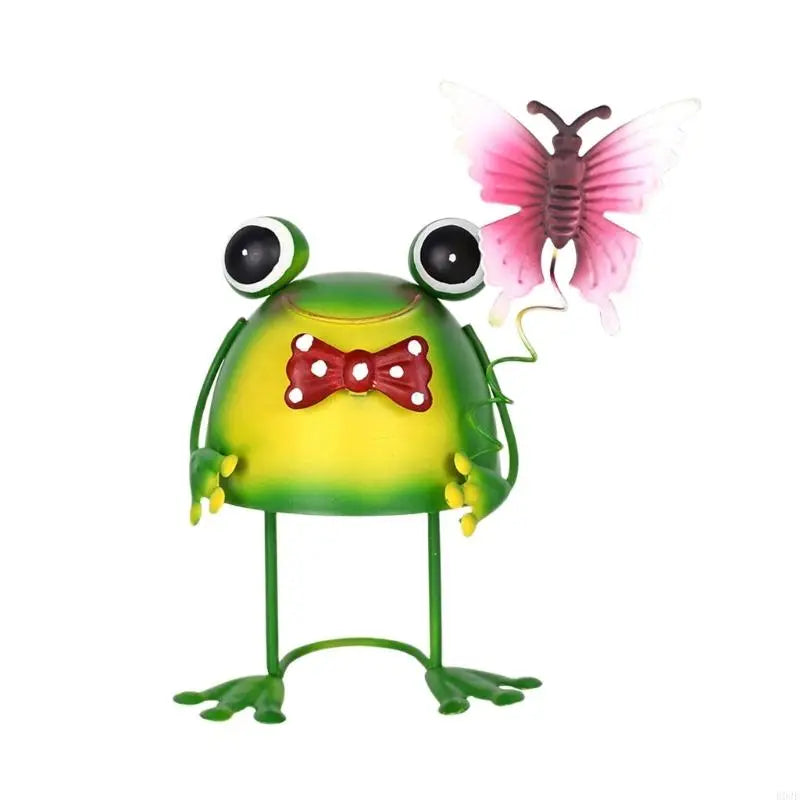 statuette grenouille verte mignonne cartoon collier pois parapluie noir fleur bleue jardin extérieur ornement