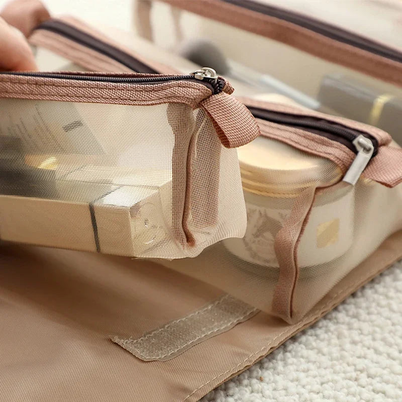 Sac cosmétiques multi usages pliable rose clair moderne poignée dorée fermeture glissière