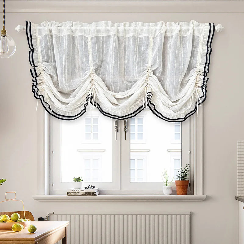 rideau blanc noir rayures horizontales franges broderie translucide classique vintage inclusion