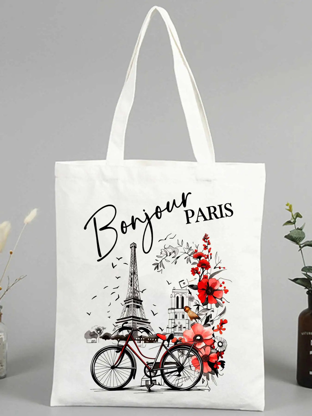 sac main toile blanc tour Eiffel dessin cartoon fleurs rouge vélo Bonjour Paris moderne