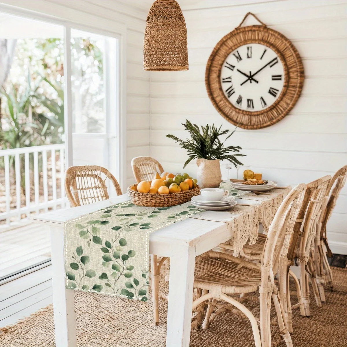 table chevet chemin table lin feuilles eucalyptus vertes moderne naturel