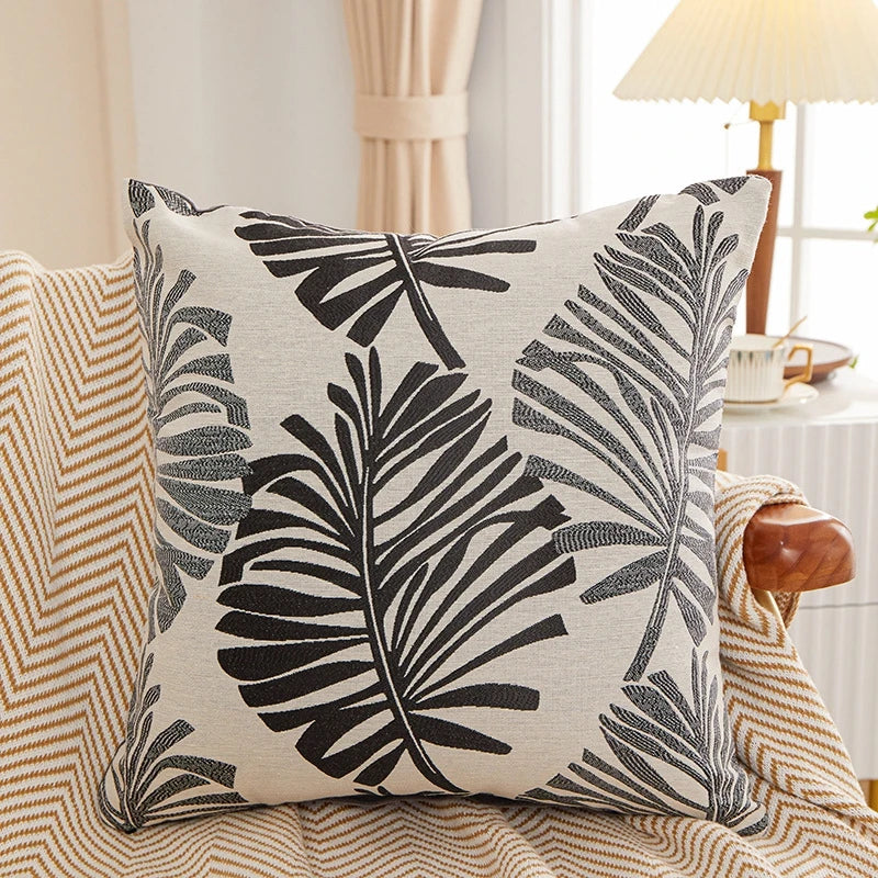 housse coussin brodé feuilles palmier moderne bleu clair beige marron amovible lavable 45x45cm oblong