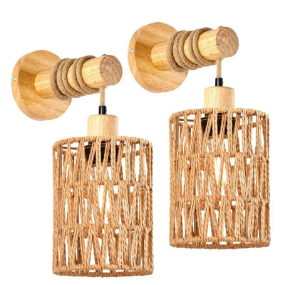 Lampe murale tête de lit en corde de chanvre blanc sur mur beige