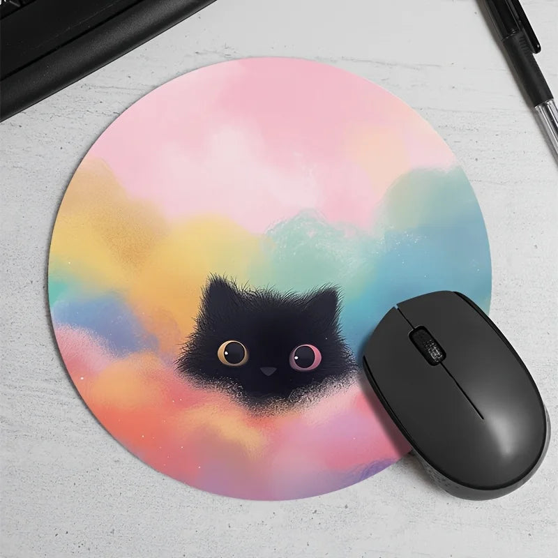 tapis souris rond chat noir yeux jaunes caoutchouc antidérapant moderne washable 22x22cm 20x20cm