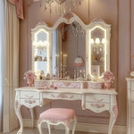 coiffeuse baroque miroir tiroirs éclairés rose poudré blanc crème doré