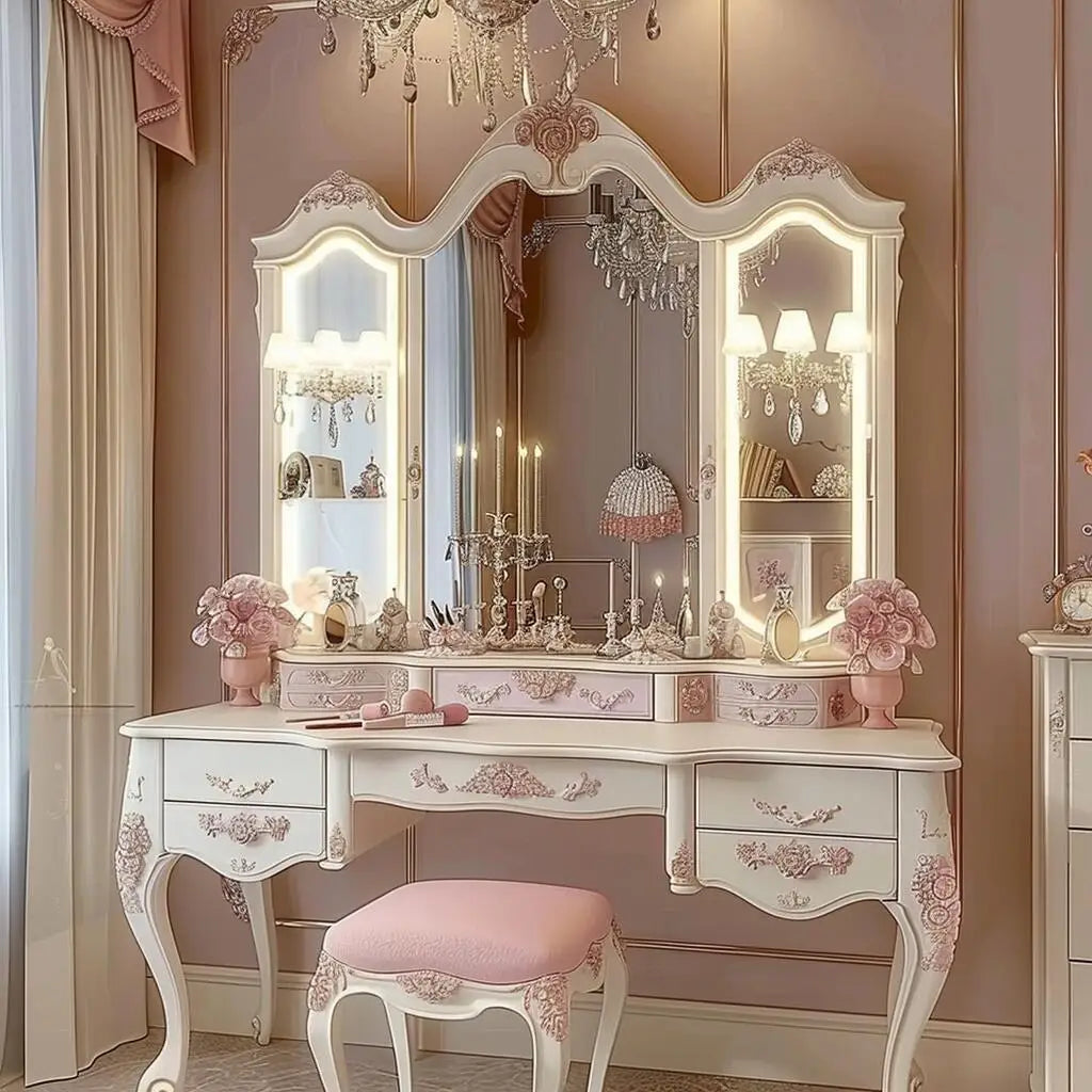 coiffeuse baroque miroir tiroirs éclairés rose poudré blanc crème doré
