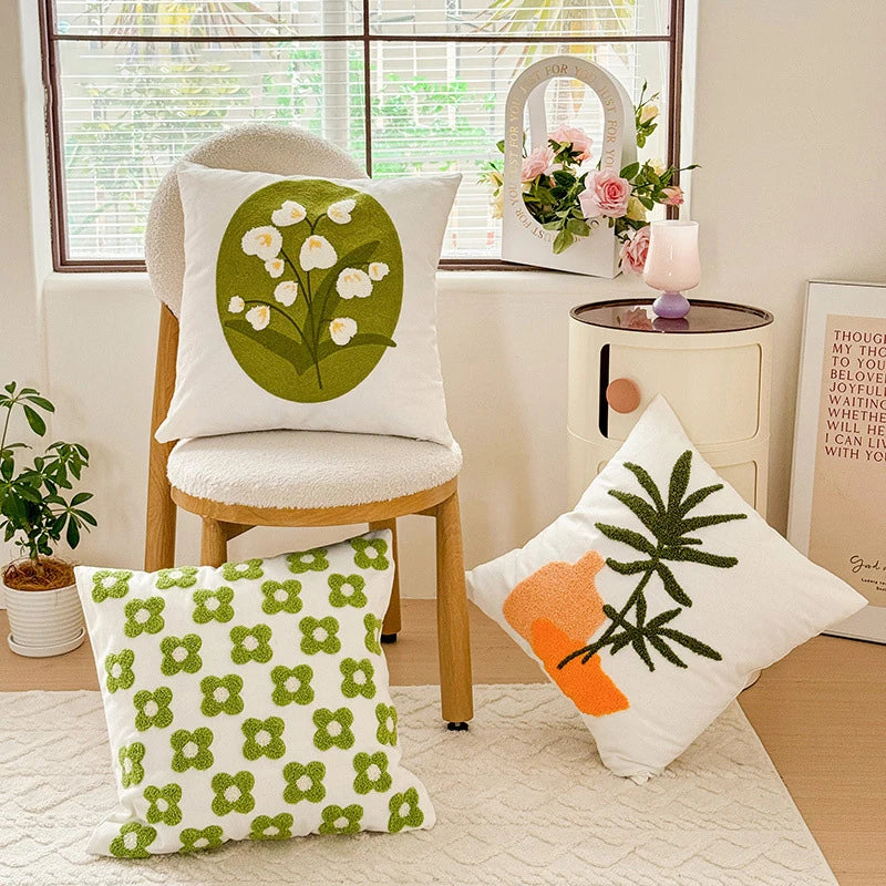 coussin carré 45x45 cm brodé feuille verte moderne décoration printanière