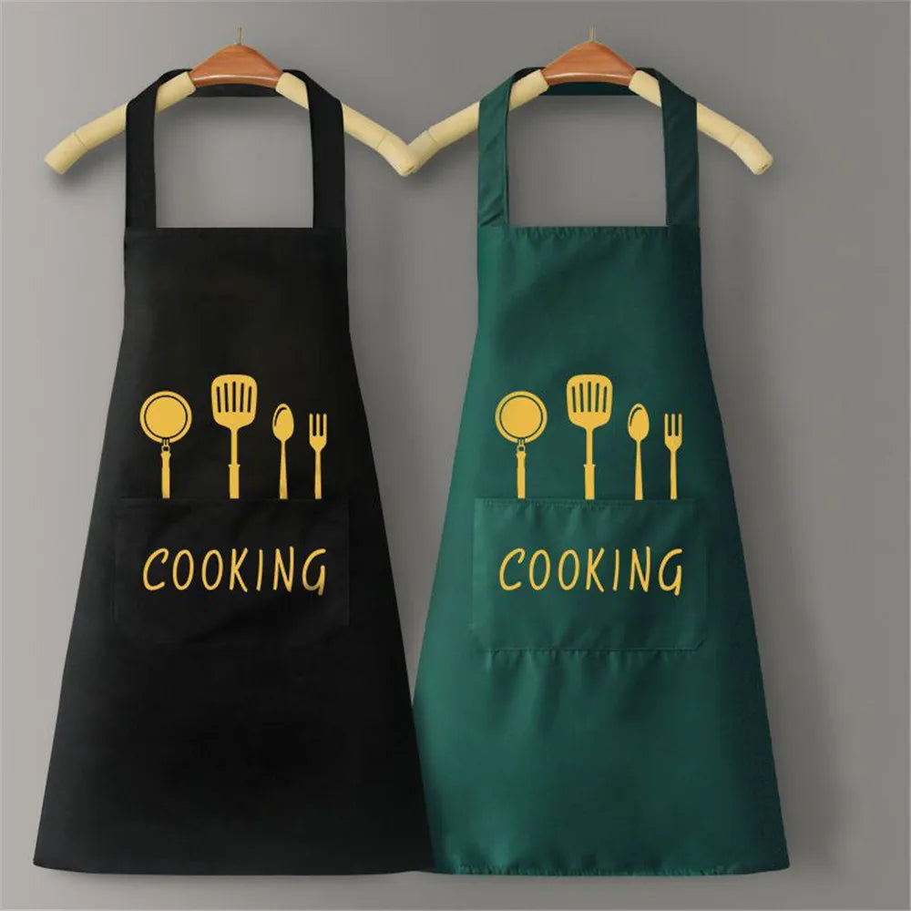 tablier cuisine imperméable noir vert foncé marron clair rouge motif cooking anneaux métalliques poche