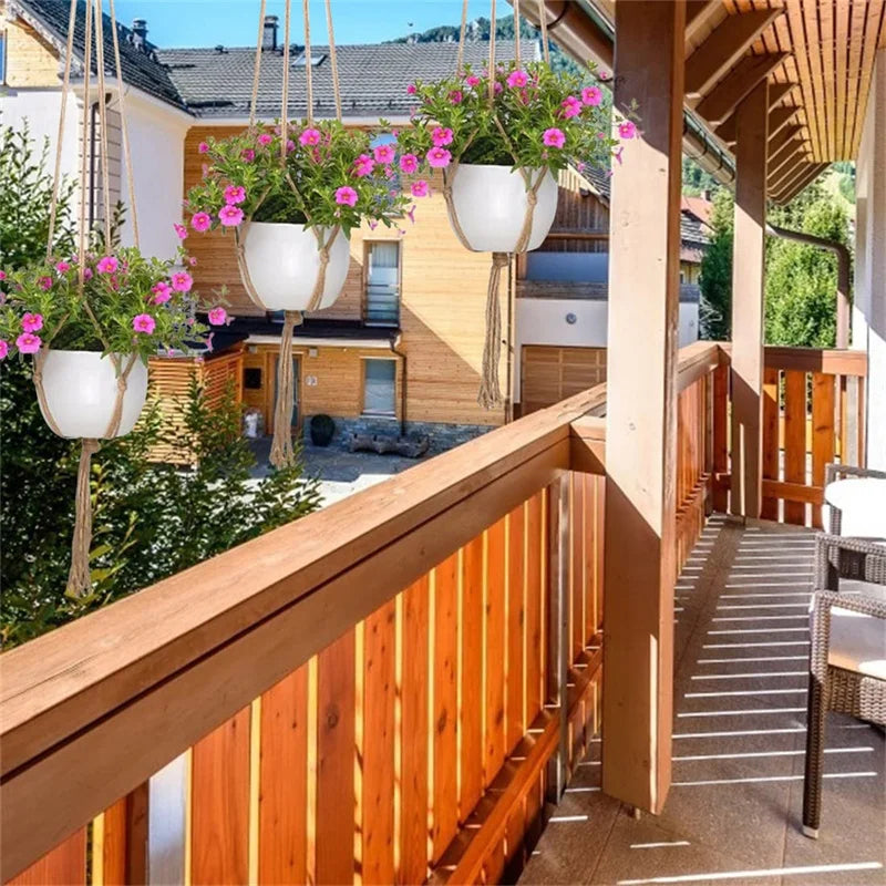 support plante suspendue boho corde tressée motifs géométriques beige blanc opacité balcon jardin decoration