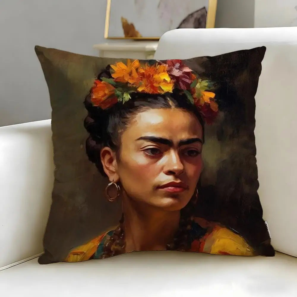 coussin contemporain zip invisible polyvalent orange bleu rouge peinture abstraite visage stylisé 45x45cm polyester